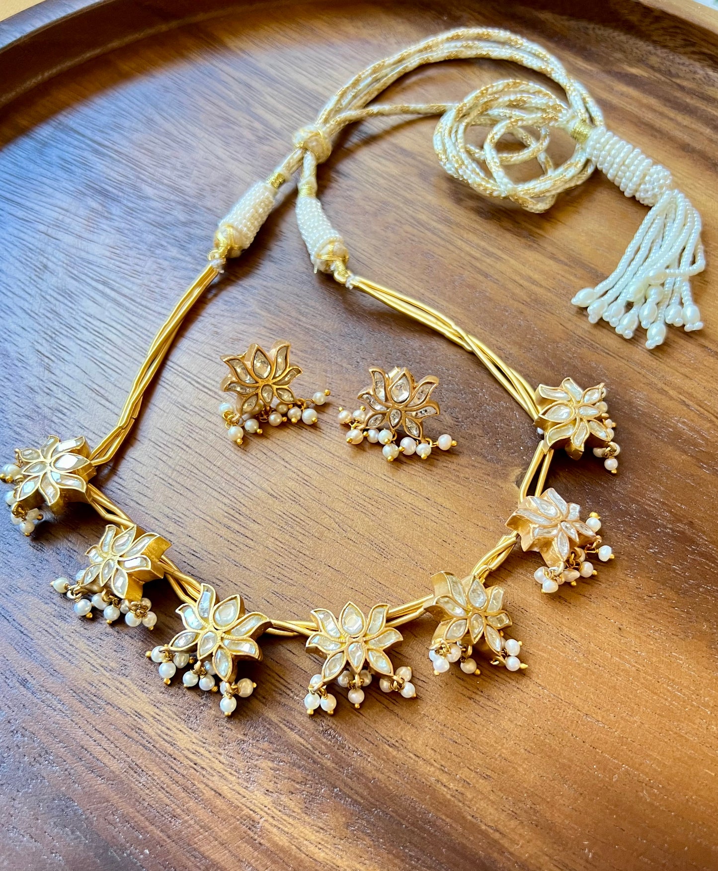 Lotus Kundan with pearl drops necklace set