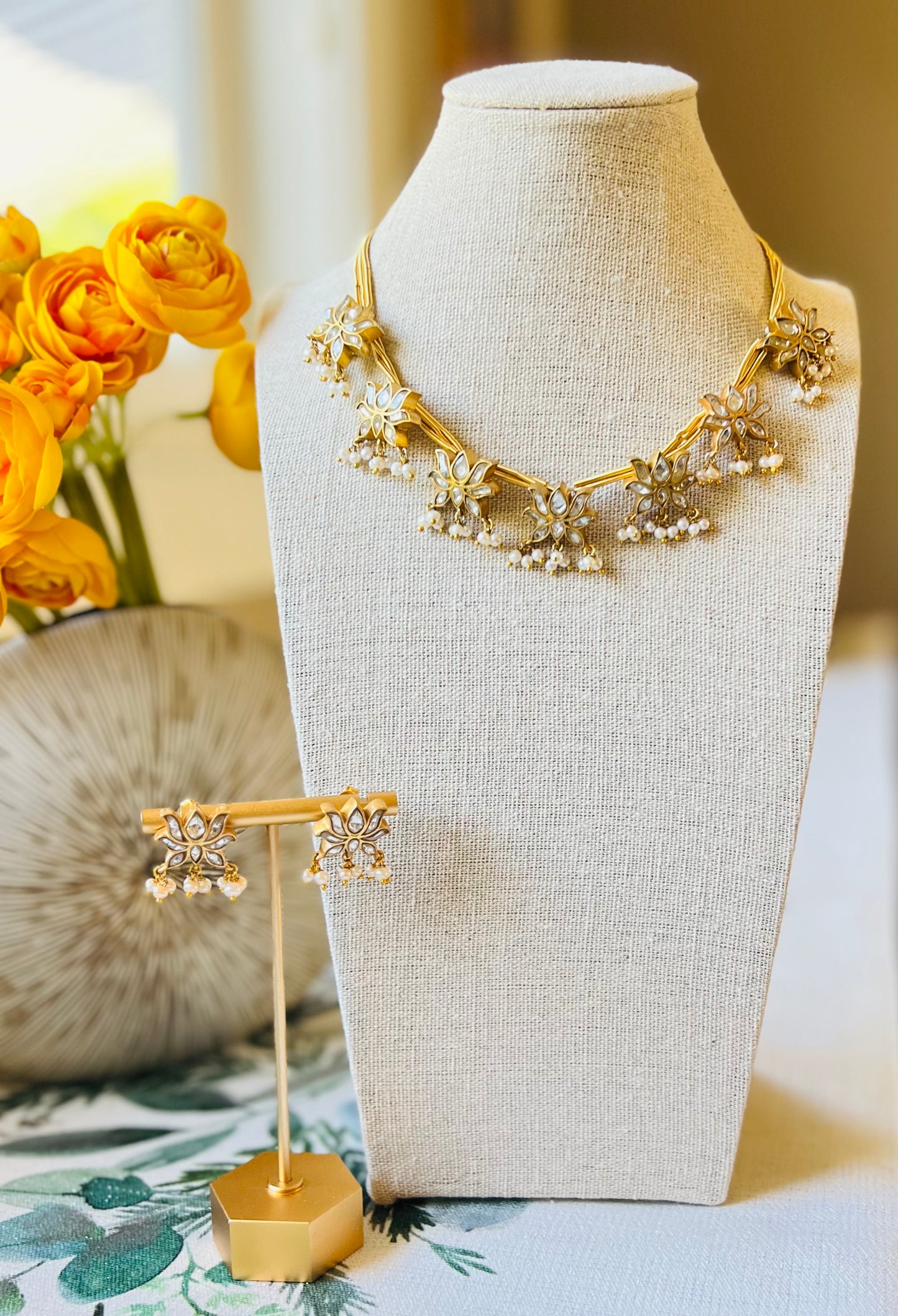 Lotus Kundan with pearl drops necklace set