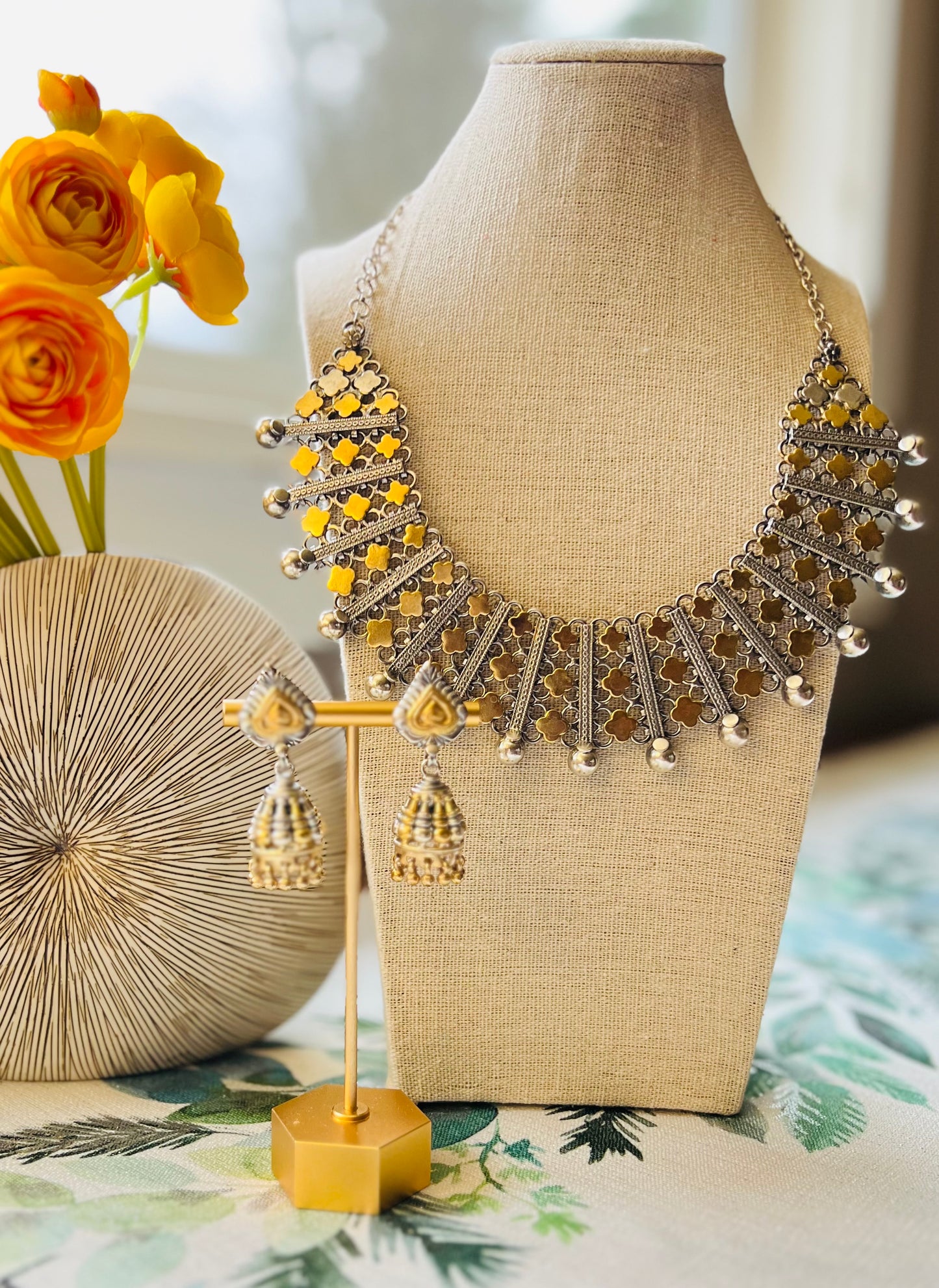 Dual tone sterling silver necklace set