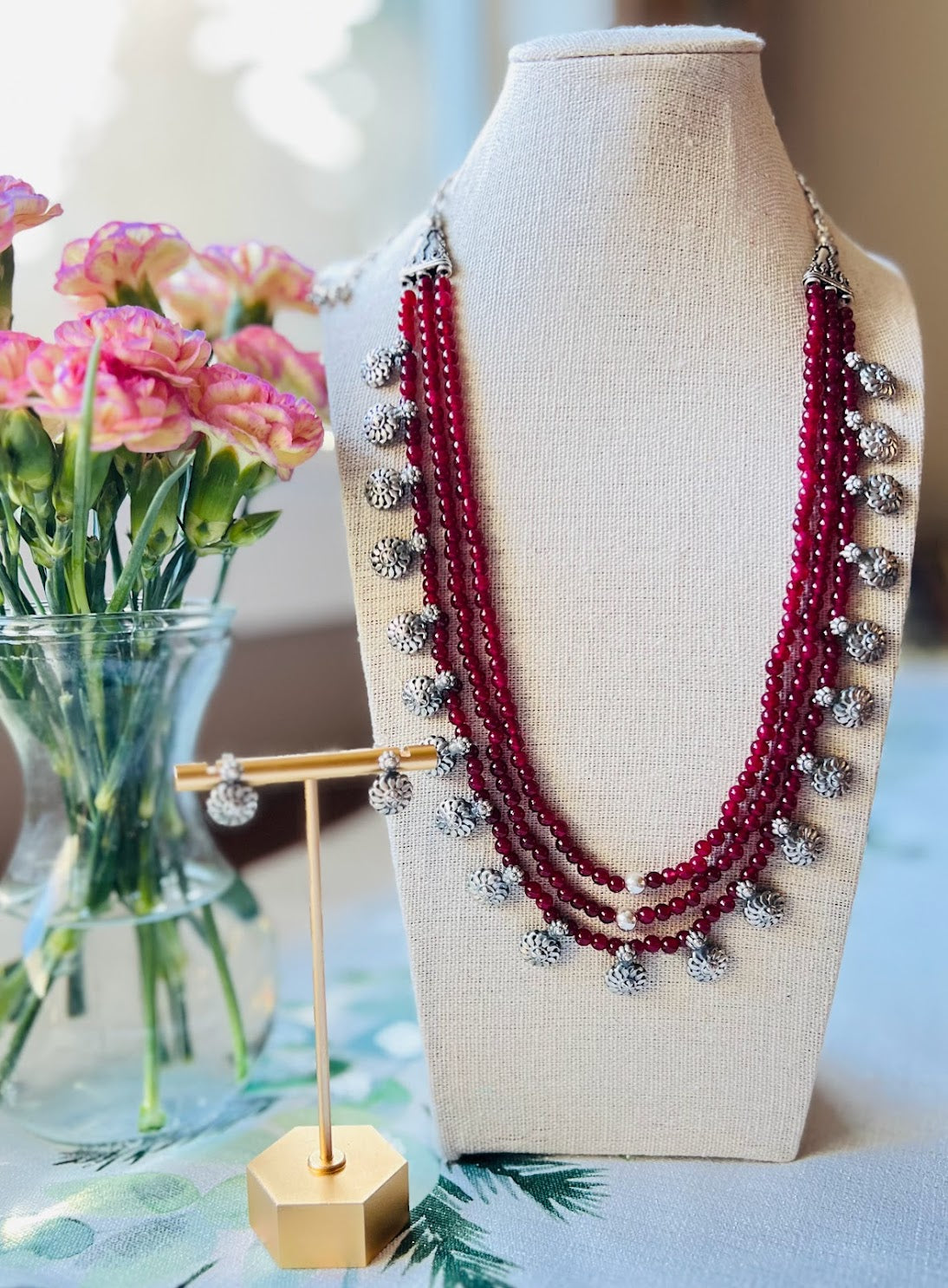 Multistrand red quartz silver coin necklace
