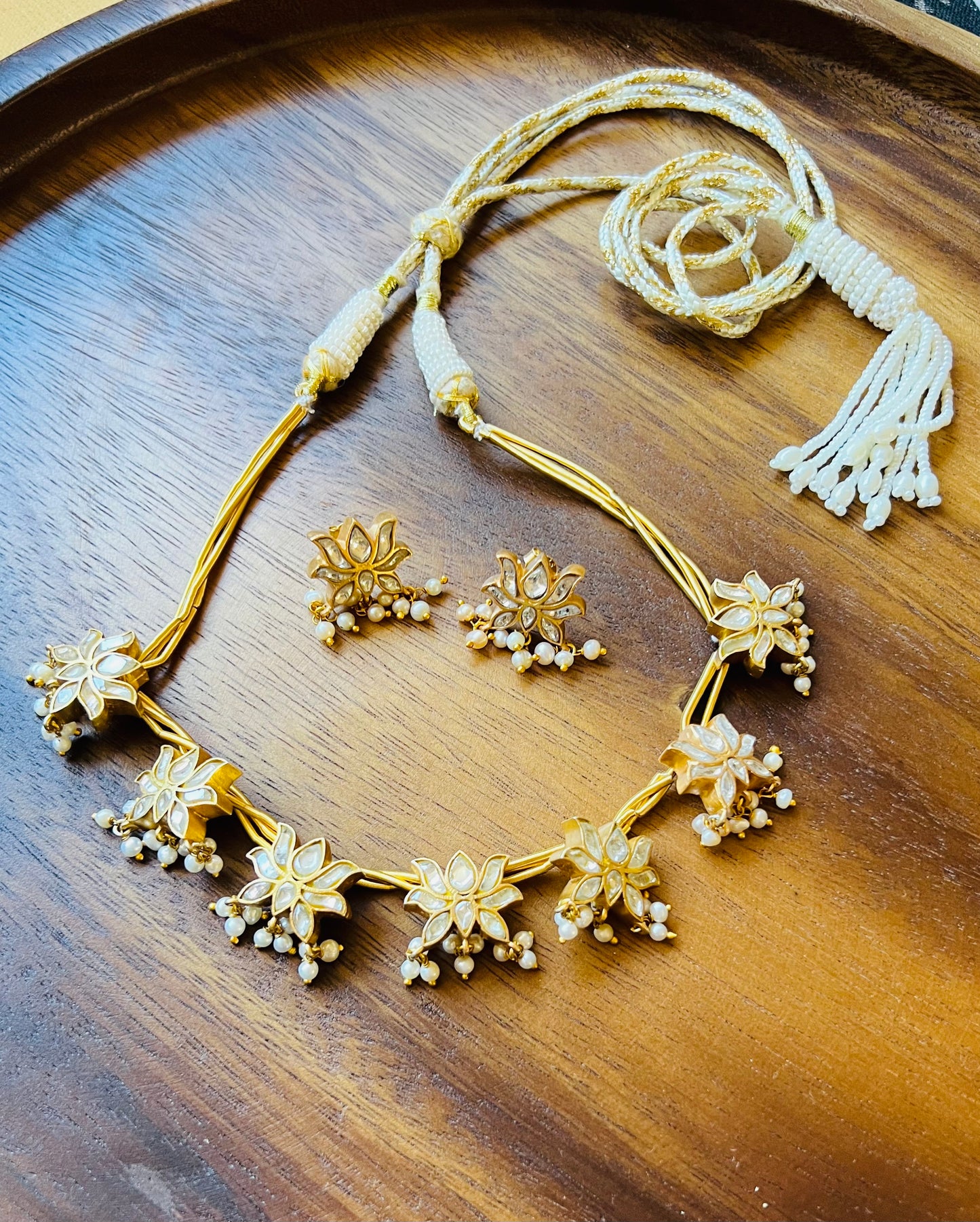 Lotus Kundan with pearl drops necklace set