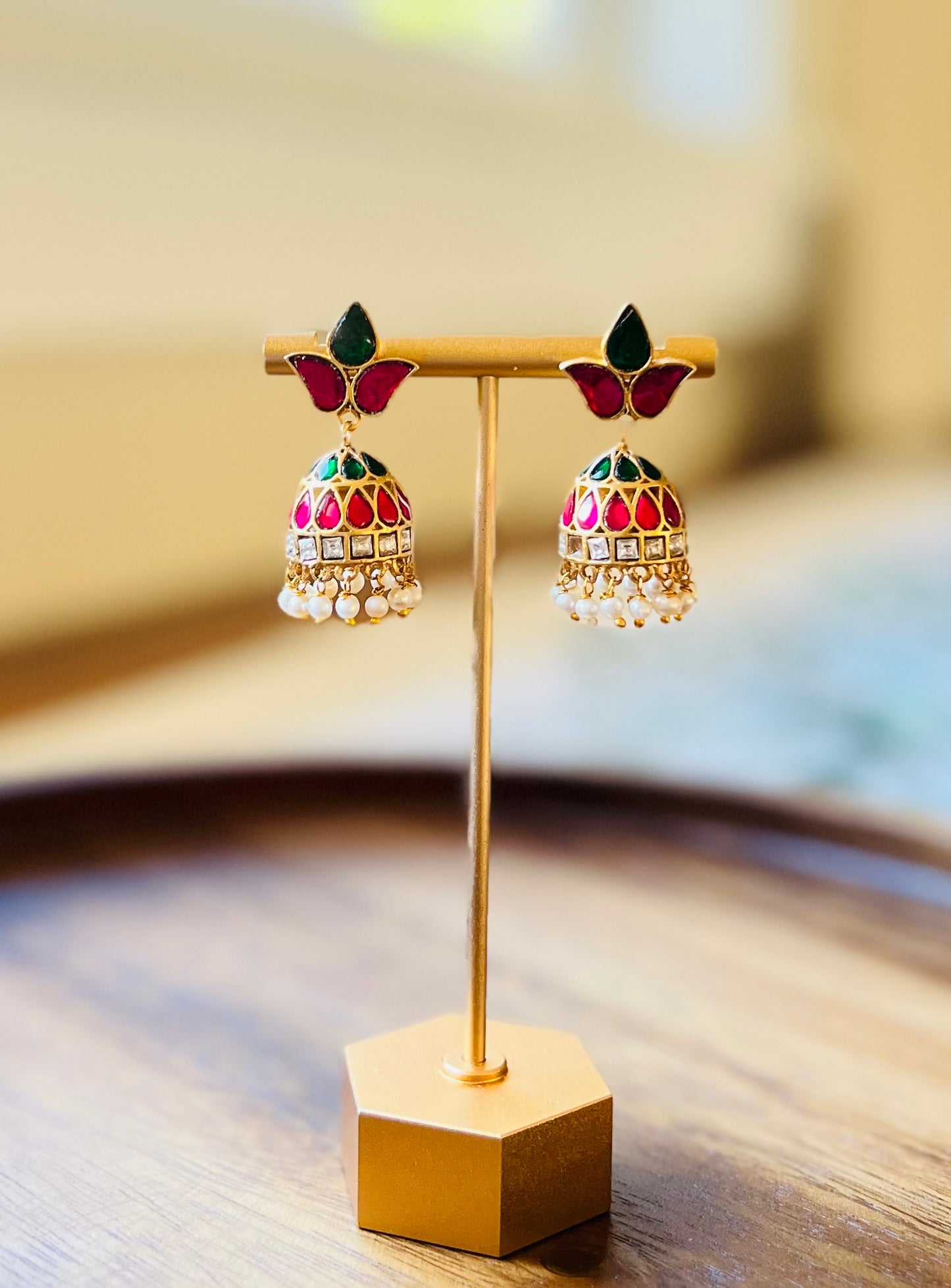 Sterling silver Jhumkis with red and green stones