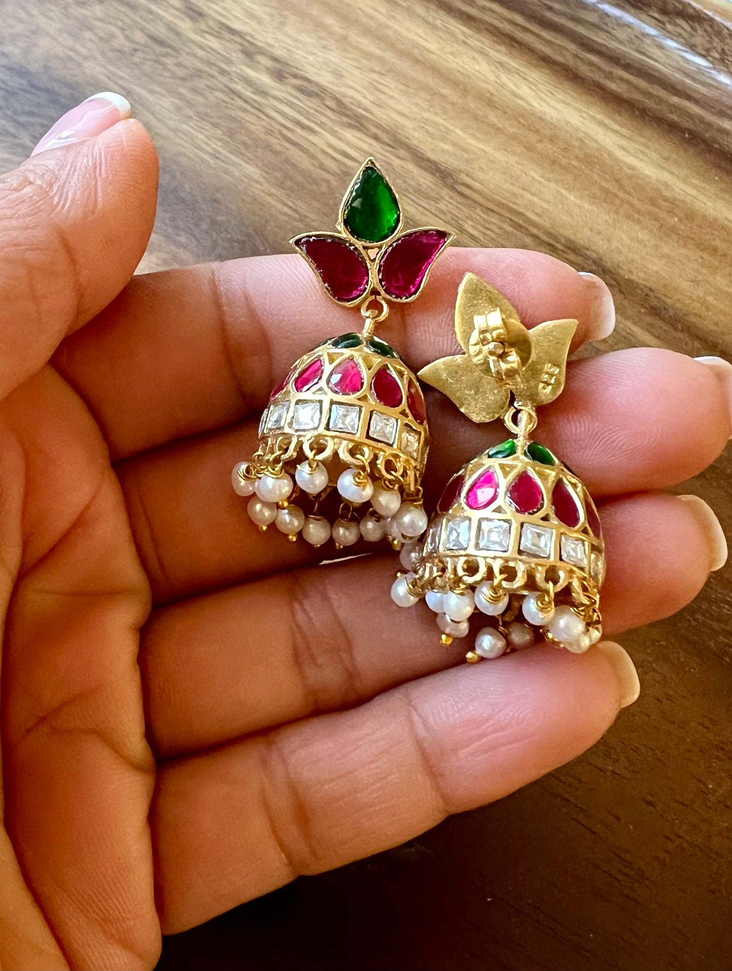 Sterling silver Jhumkis with red and green stones