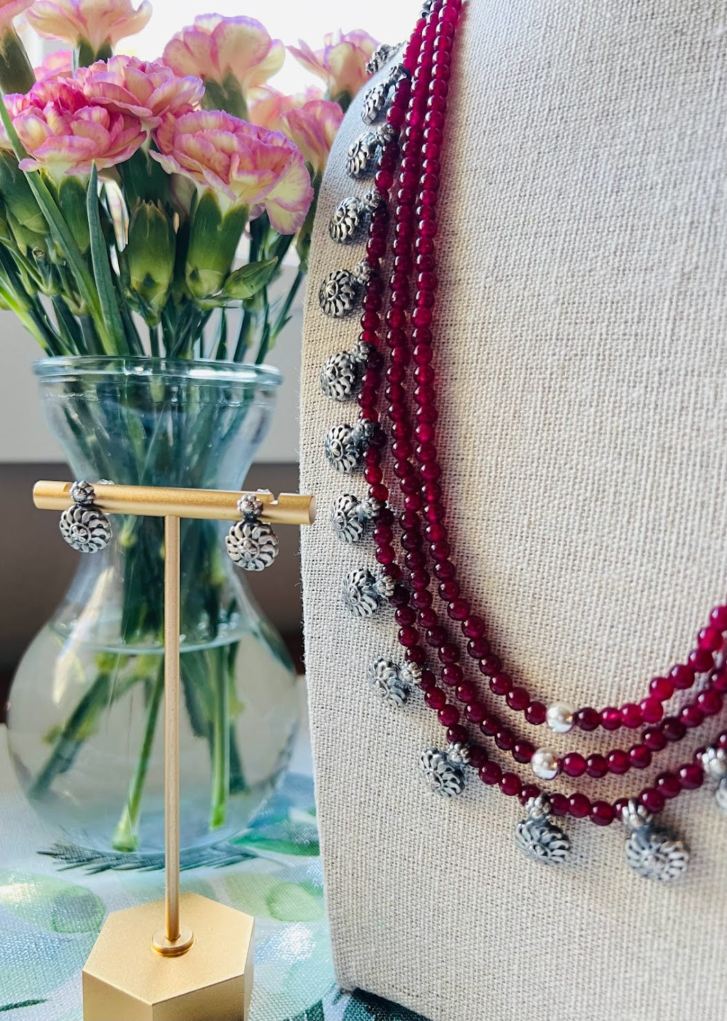 Multistrand red quartz silver coin necklace